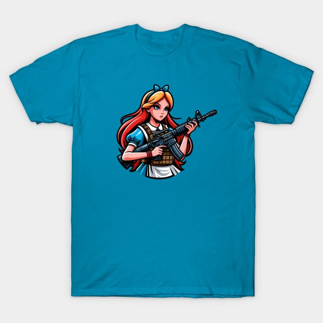 Tactical Wonderland Odyssey Tee: A Unique Twist on Alice's Journey T-Shirt by Rawlifegraphic